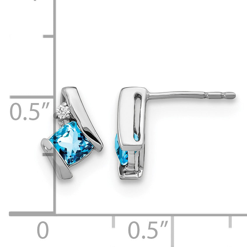 14k White Gold 4mm Cushion December/Blue Topaz and Diamond Post Earrings