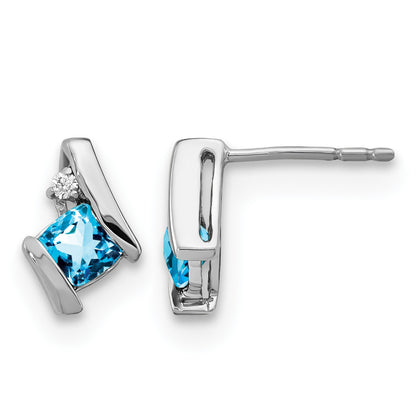 14k White Gold 4mm Cushion December/Blue Topaz and Diamond Post Earrings