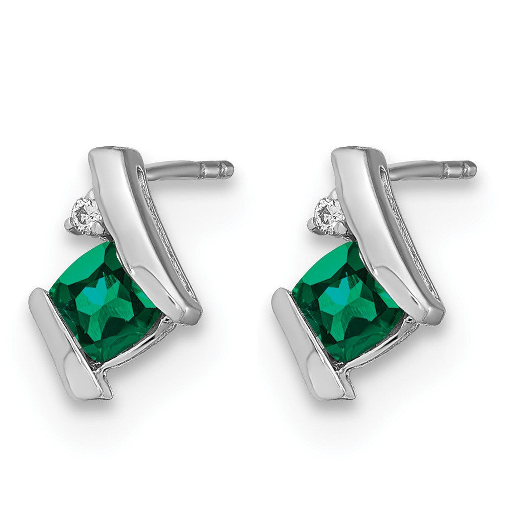 14k White Gold 4mm Cushion May/Lab Created Emerald and Diamond Post Earrings