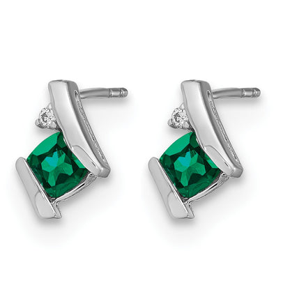 14k White Gold 4mm Cushion May/Lab Created Emerald and Diamond Post Earrings
