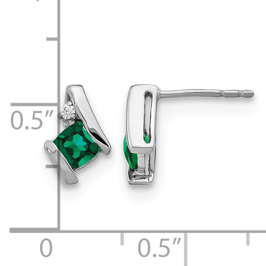 14k White Gold 4mm Cushion May/Lab Created Emerald and Diamond Post Earrings
