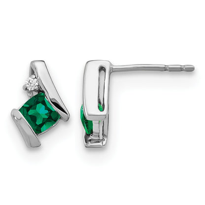 14k White Gold 4mm Cushion May/Lab Created Emerald and Diamond Post Earrings