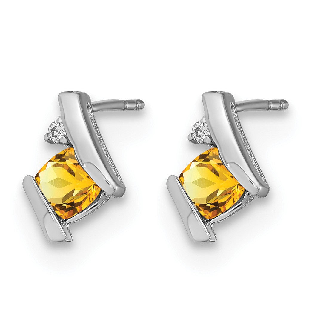 14k White Gold 4mm Cushion November/Citrine and Diamond Post Earrings