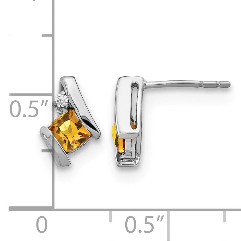 14k White Gold 4mm Cushion November/Citrine and Diamond Post Earrings