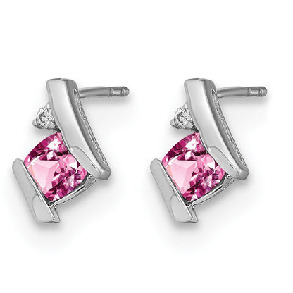 14k White Gold 4mm Cushion October/Lab Created Pink Sapphire and Diamond Post Earrings