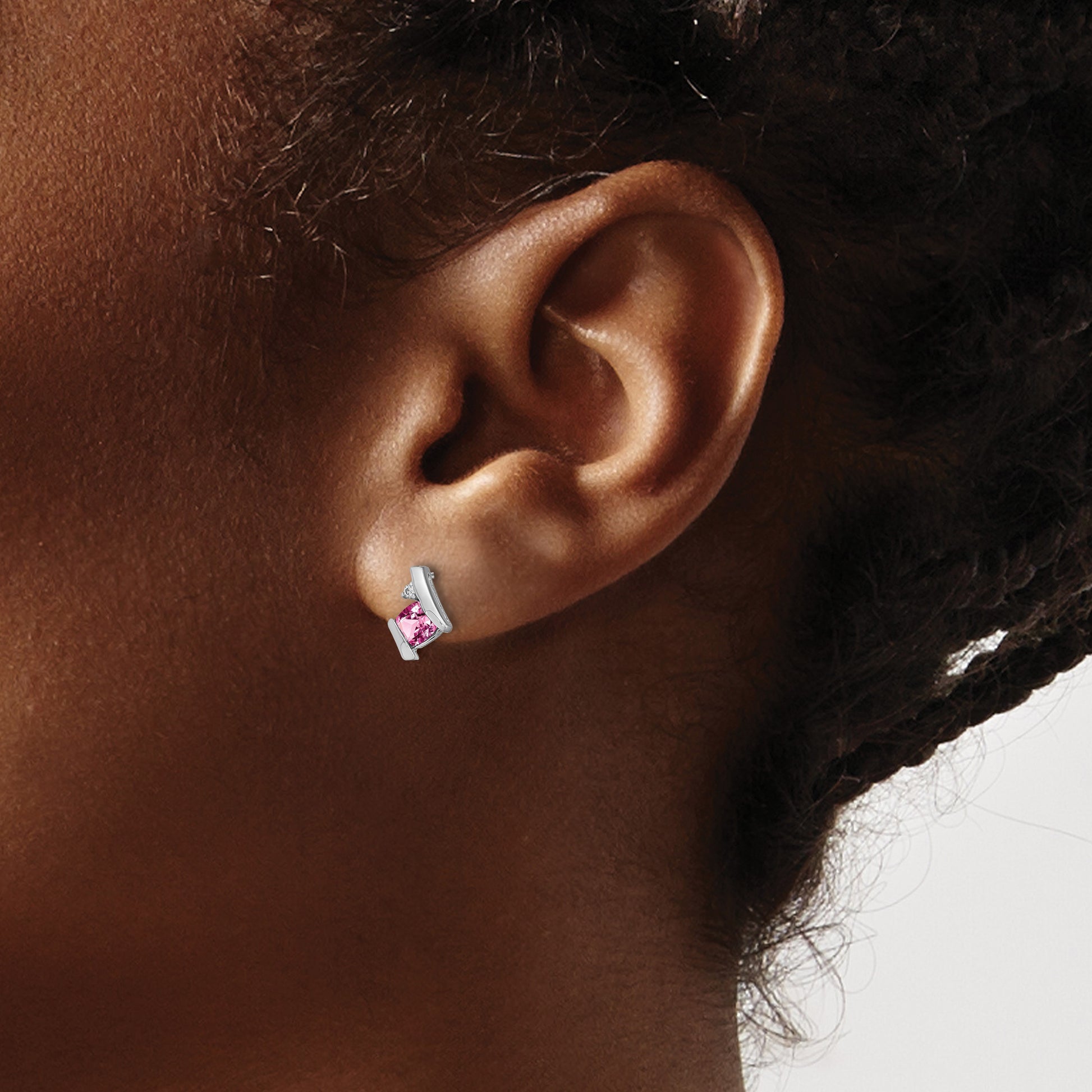 14k White Gold 4mm Cushion October/Lab Created Pink Sapphire and Diamond Post Earrings