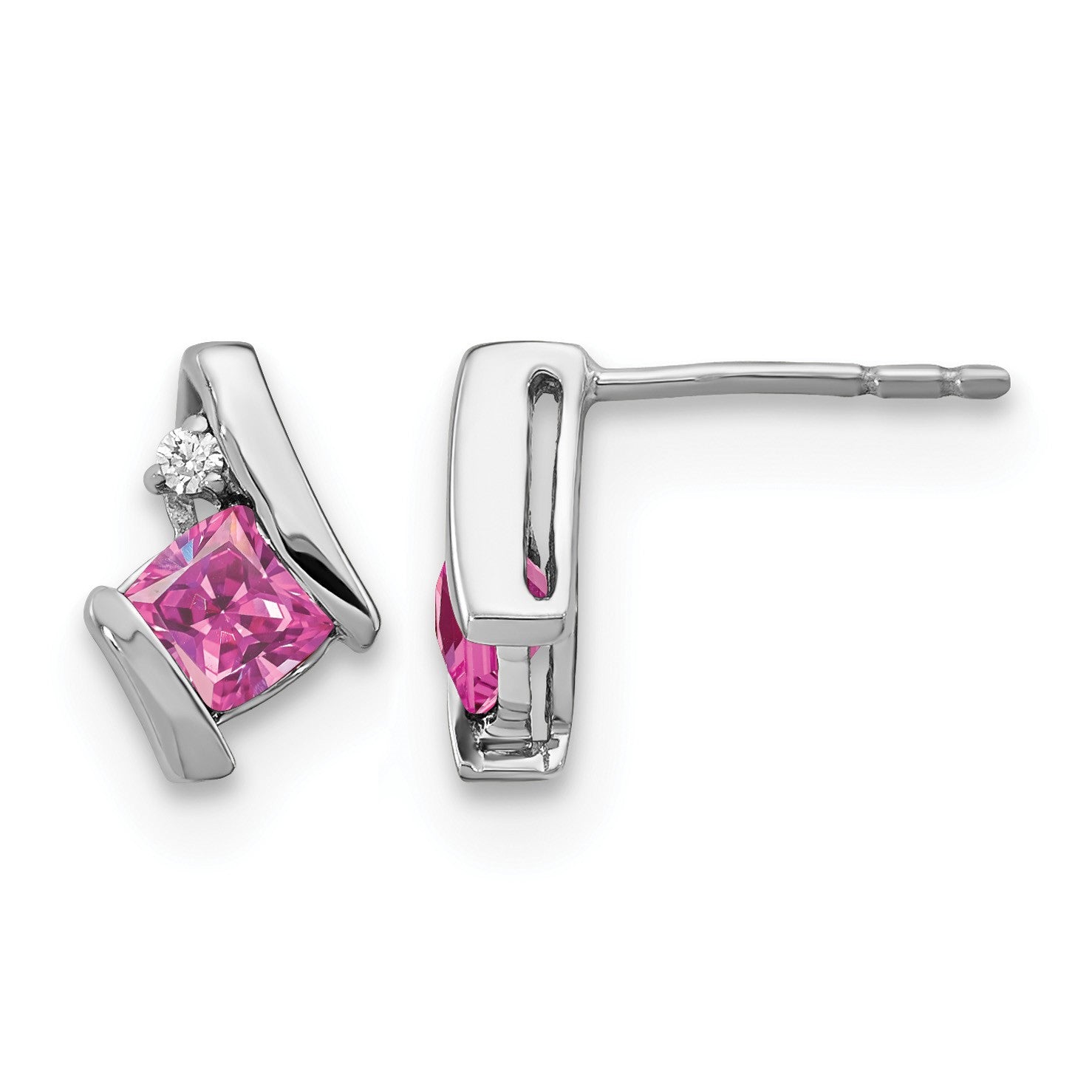 14k White Gold 4mm Cushion October/Lab Created Pink Sapphire and Diamond Post Earrings