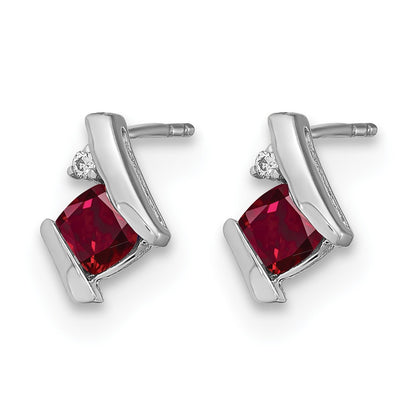 14k White Gold 4mm Cushion July/Lab Created Ruby and Diamond Post Earrings