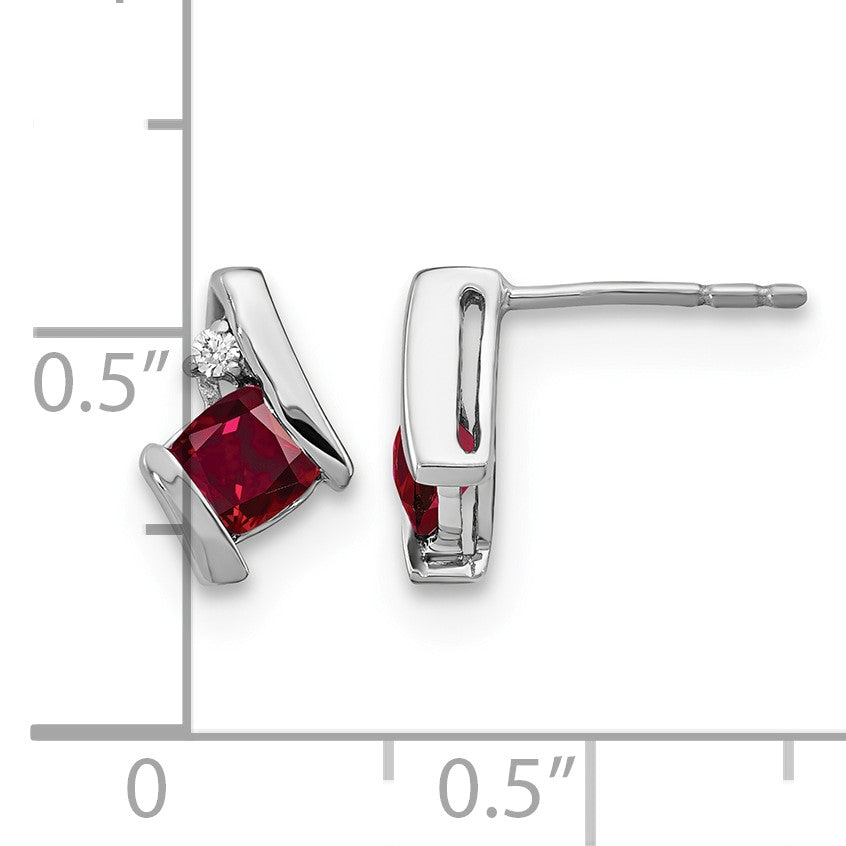 14k White Gold 4mm Cushion July/Lab Created Ruby and Diamond Post Earrings
