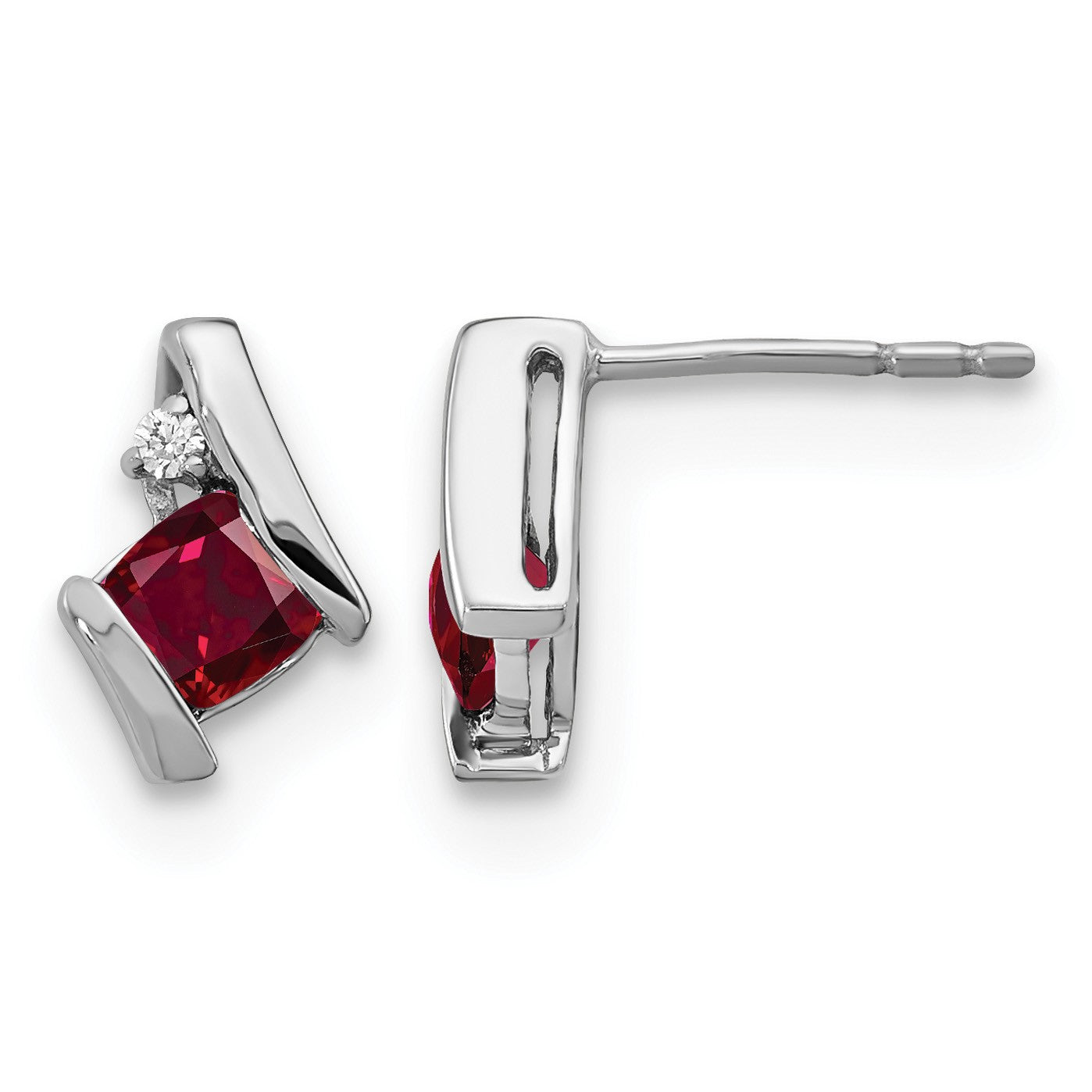 14k White Gold 4mm Cushion July/Lab Created Ruby and Diamond Post Earrings