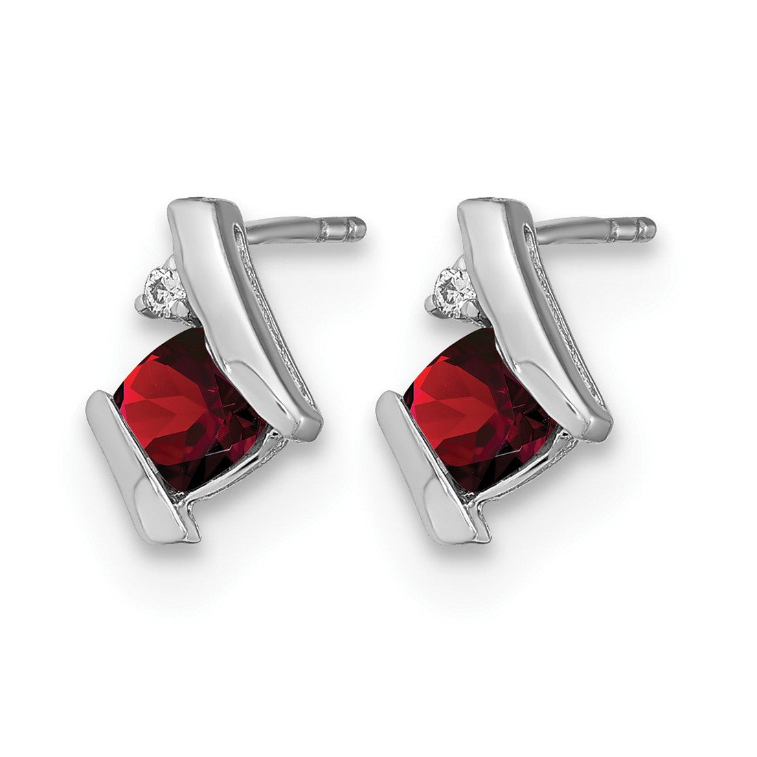 14k White Gold 4mm Cushion January/Garnet and Diamond Post Earrings