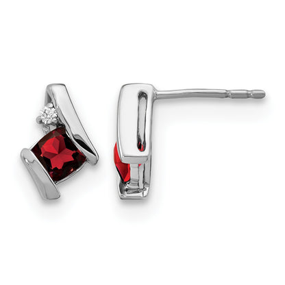 14k White Gold 4mm Cushion January/Garnet and Diamond Post Earrings