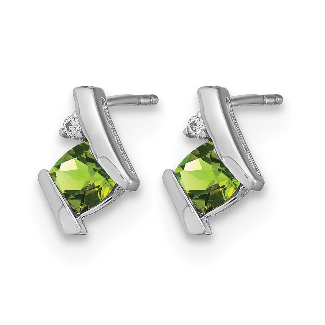 14k White Gold 4mm Cushion August/Peridot and Diamond Post Earrings