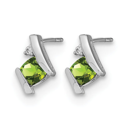 14k White Gold 4mm Cushion August/Peridot and Diamond Post Earrings