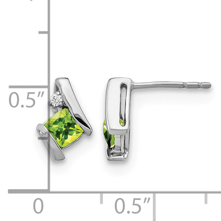 14k White Gold 4mm Cushion August/Peridot and Diamond Post Earrings