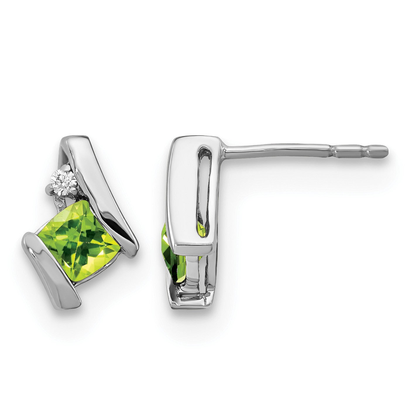 14k White Gold 4mm Cushion August/Peridot and Diamond Post Earrings