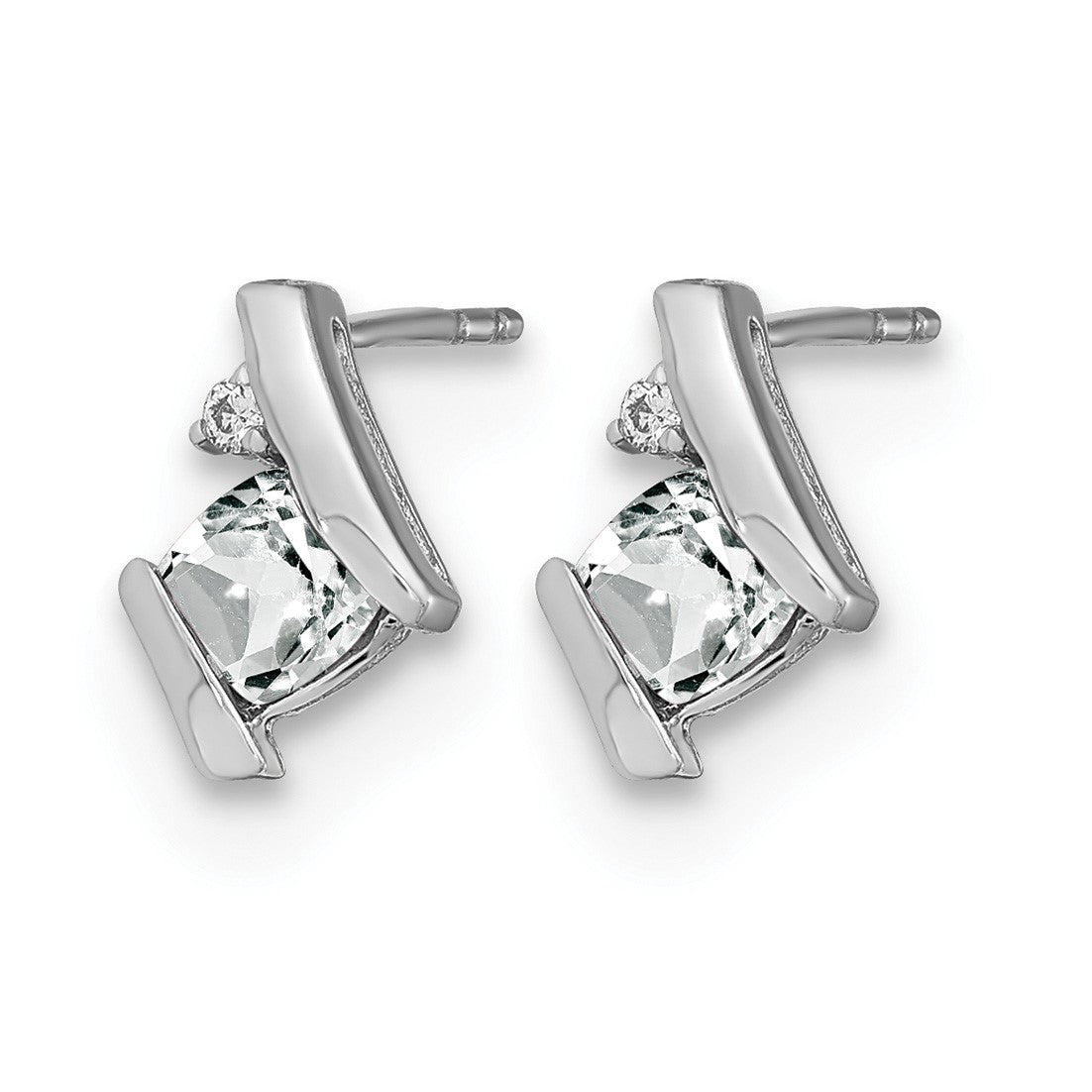 14k White Gold 4mm Cushion April/White Topaz and Diamond Post Earrings