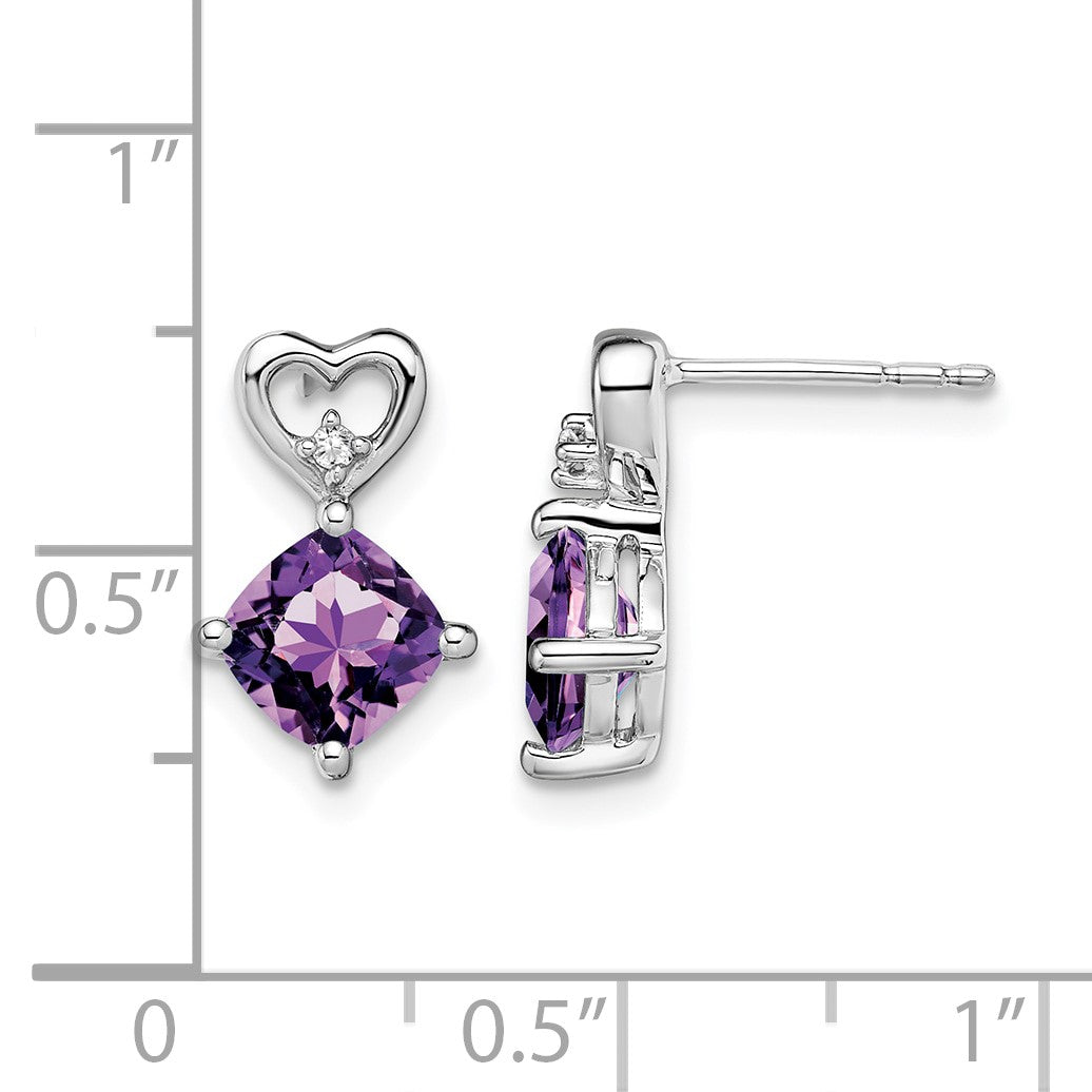 14k White Gold 6mm Cushion February/Amethyst and Diamond Heart Post Earrings