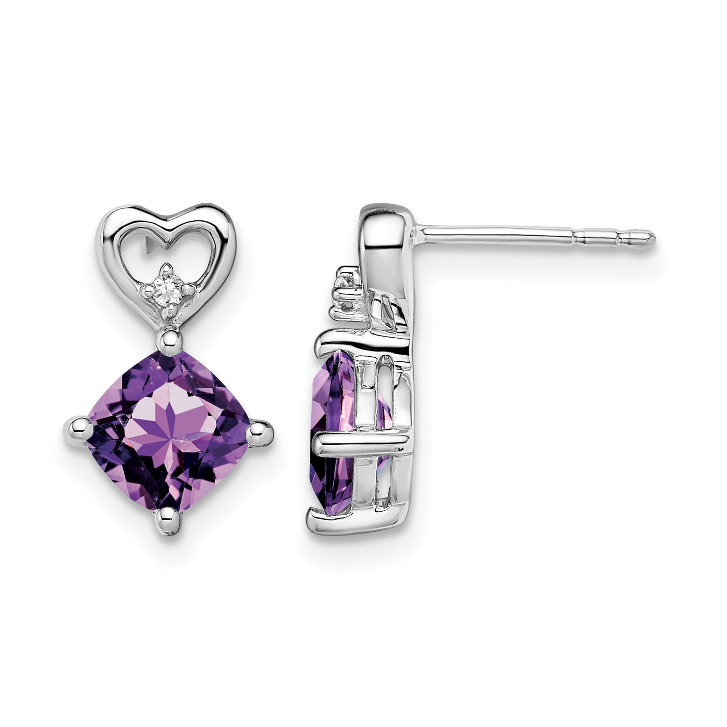 14k White Gold 6mm Cushion February/Amethyst and Diamond Heart Post Earrings