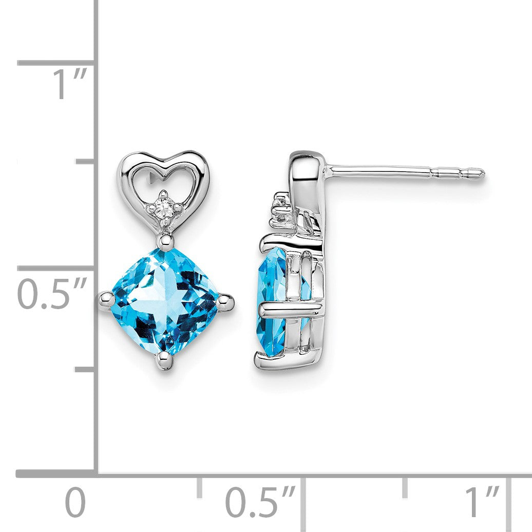 14k White Gold 6mm Cushion December/Blue Topaz and Diamond Heart Post Earrings