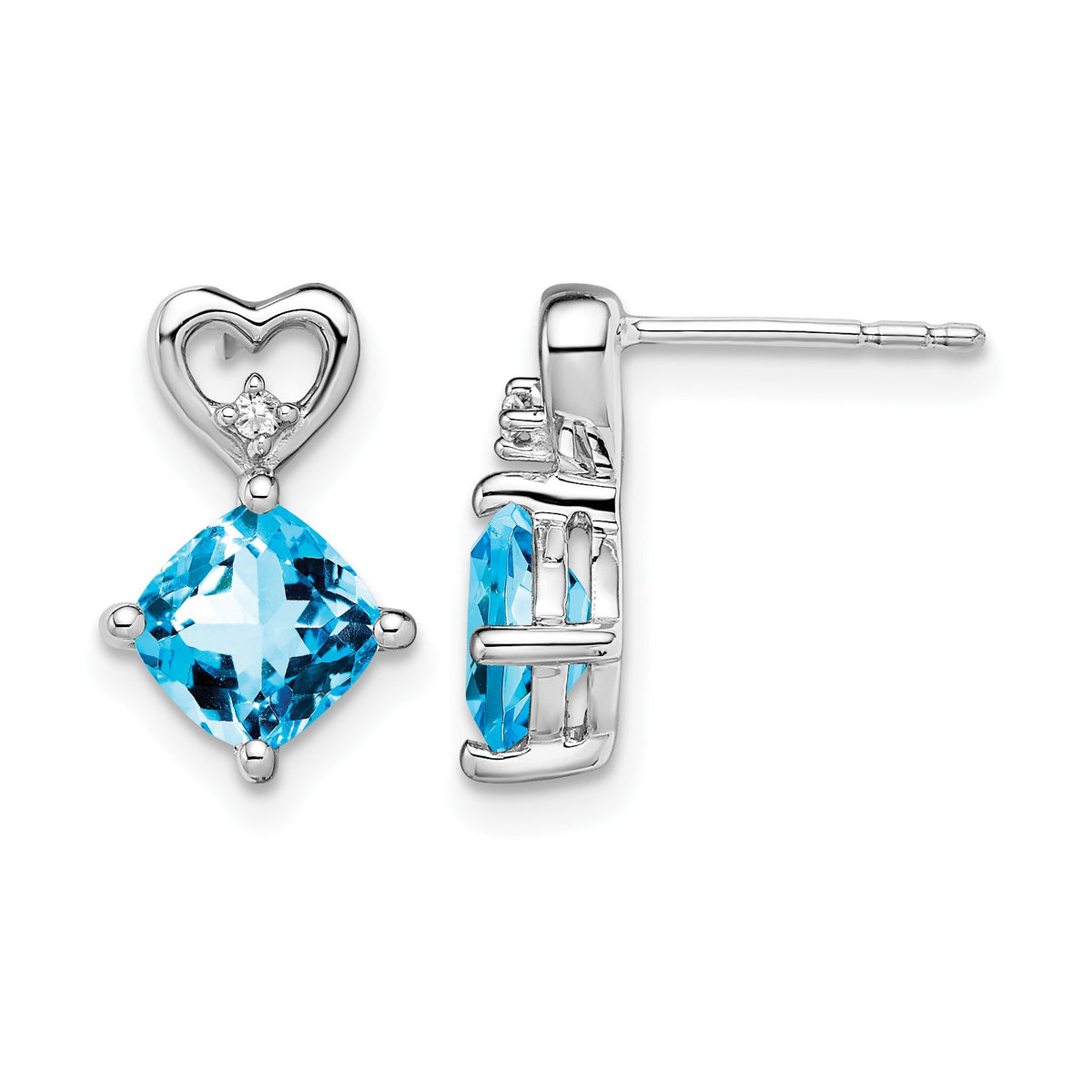 14k White Gold 6mm Cushion December/Blue Topaz and Diamond Heart Post Earrings