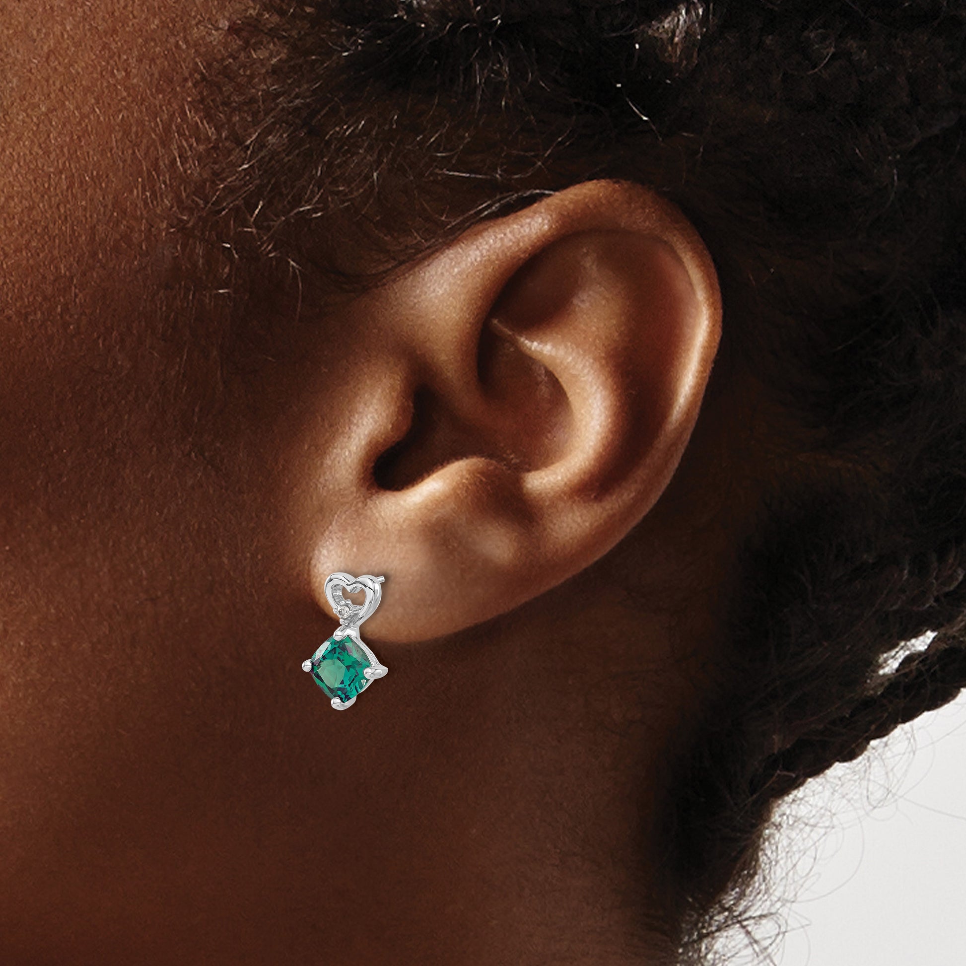 14k White Gold 6mm Cushion June/Lab Created Alexandrite and Diamond Heart Post Earrings