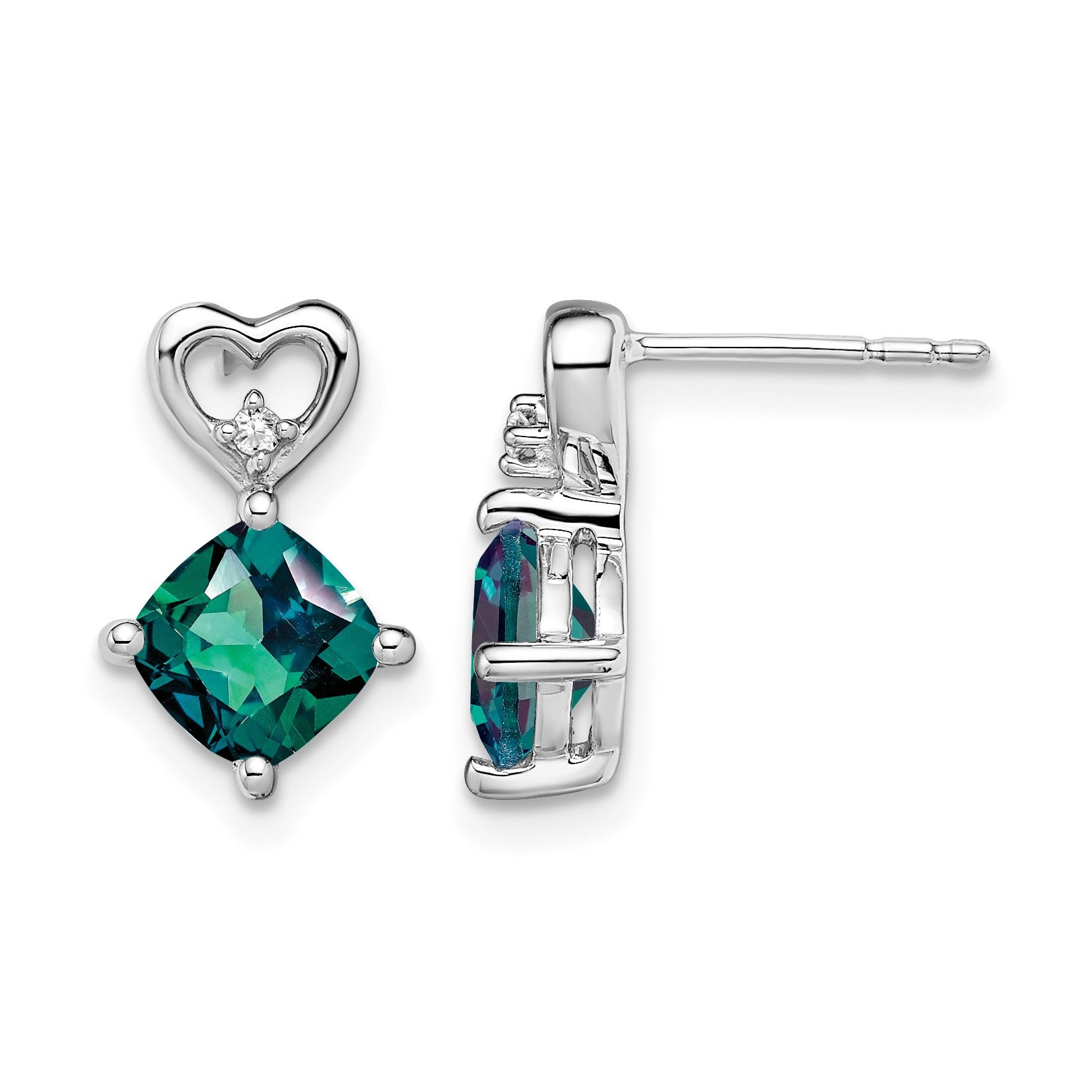 14k White Gold 6mm Cushion June/Lab Created Alexandrite and Diamond Heart Post Earrings