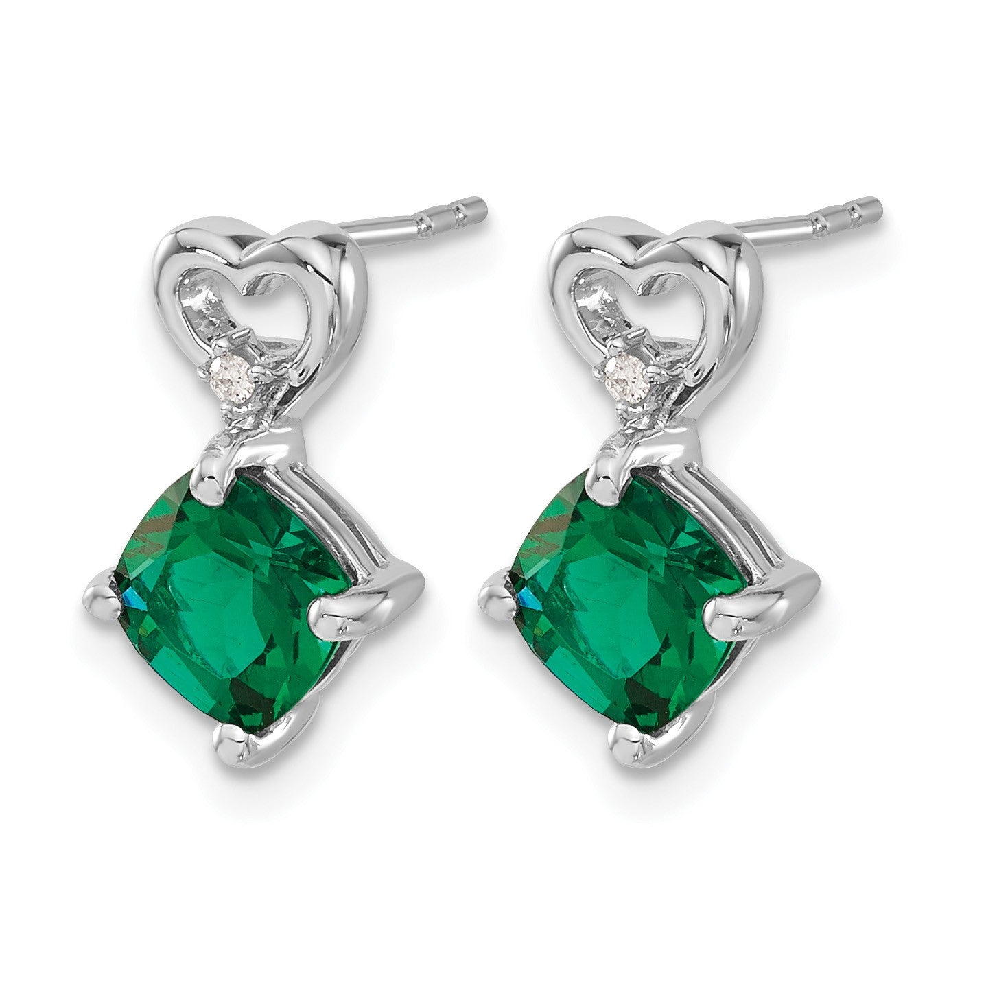 14k White Gold 6mm Cushion May/Lab Created Emerald and Diamond Heart Post Earrings