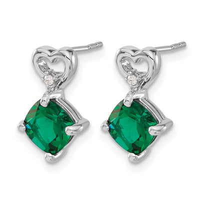 14k White Gold 6mm Cushion May/Lab Created Emerald and Diamond Heart Post Earrings