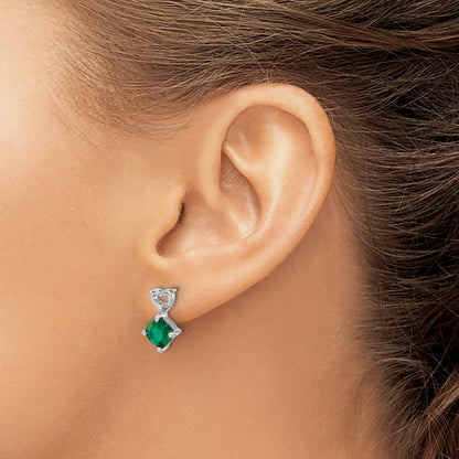 14k White Gold 6mm Cushion May/Lab Created Emerald and Diamond Heart Post Earrings