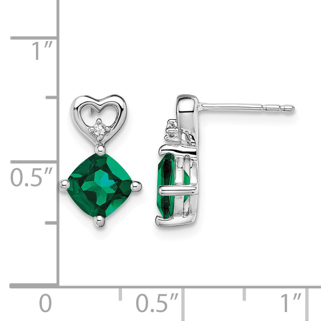 14k White Gold 6mm Cushion May/Lab Created Emerald and Diamond Heart Post Earrings