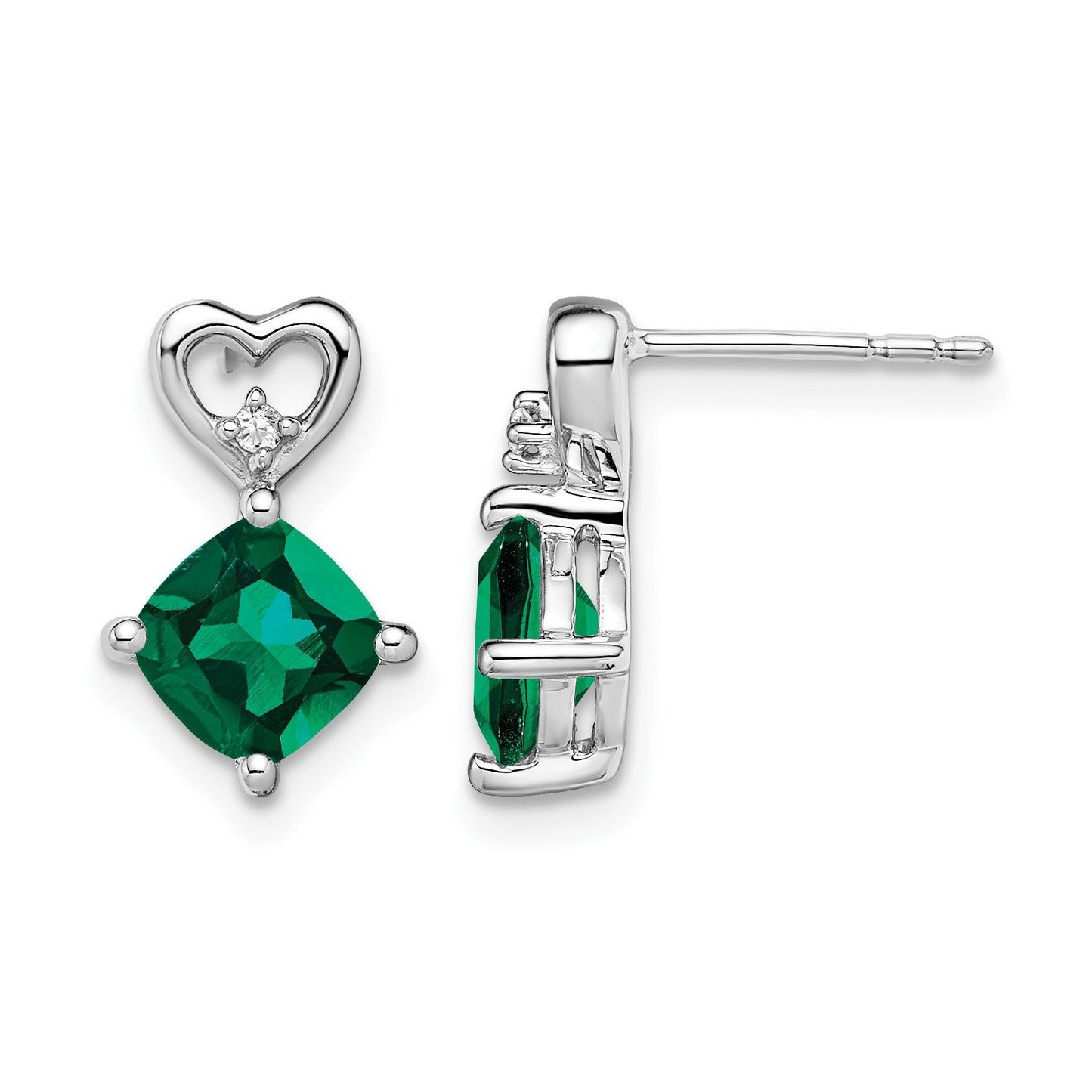 14k White Gold 6mm Cushion May/Lab Created Emerald and Diamond Heart Post Earrings