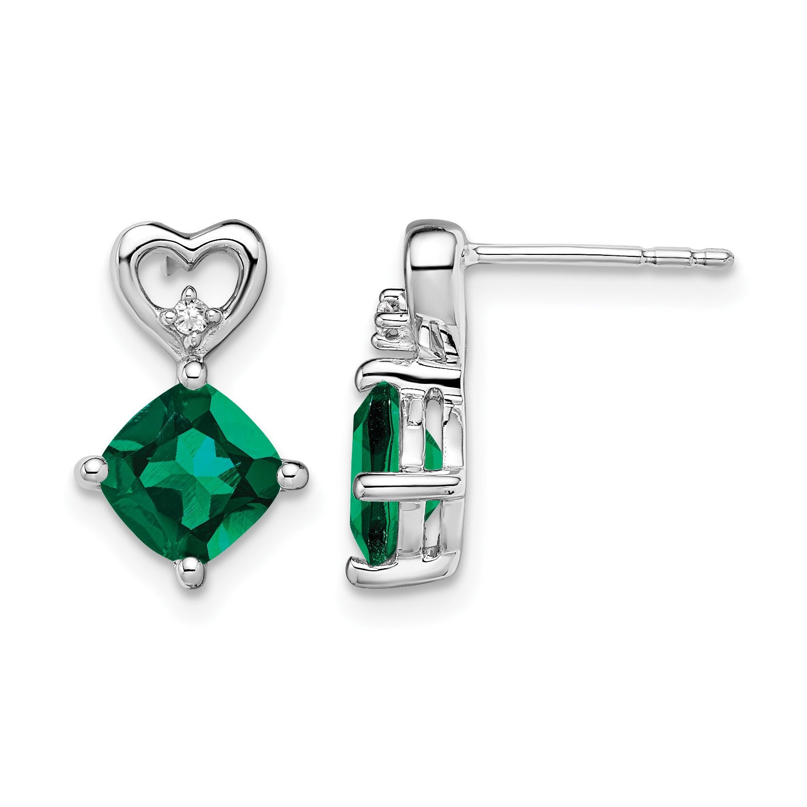 14k White Gold 6mm Cushion May/Lab Created Emerald and Diamond Heart Post Earrings