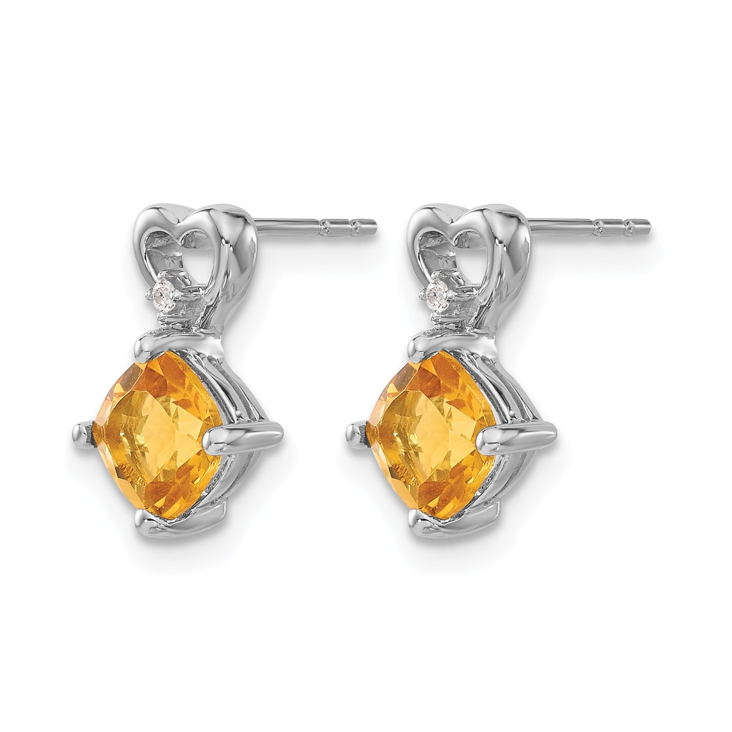 14k White Gold 6mm Cushion November/Citrine and Diamond Heart Post Earrings