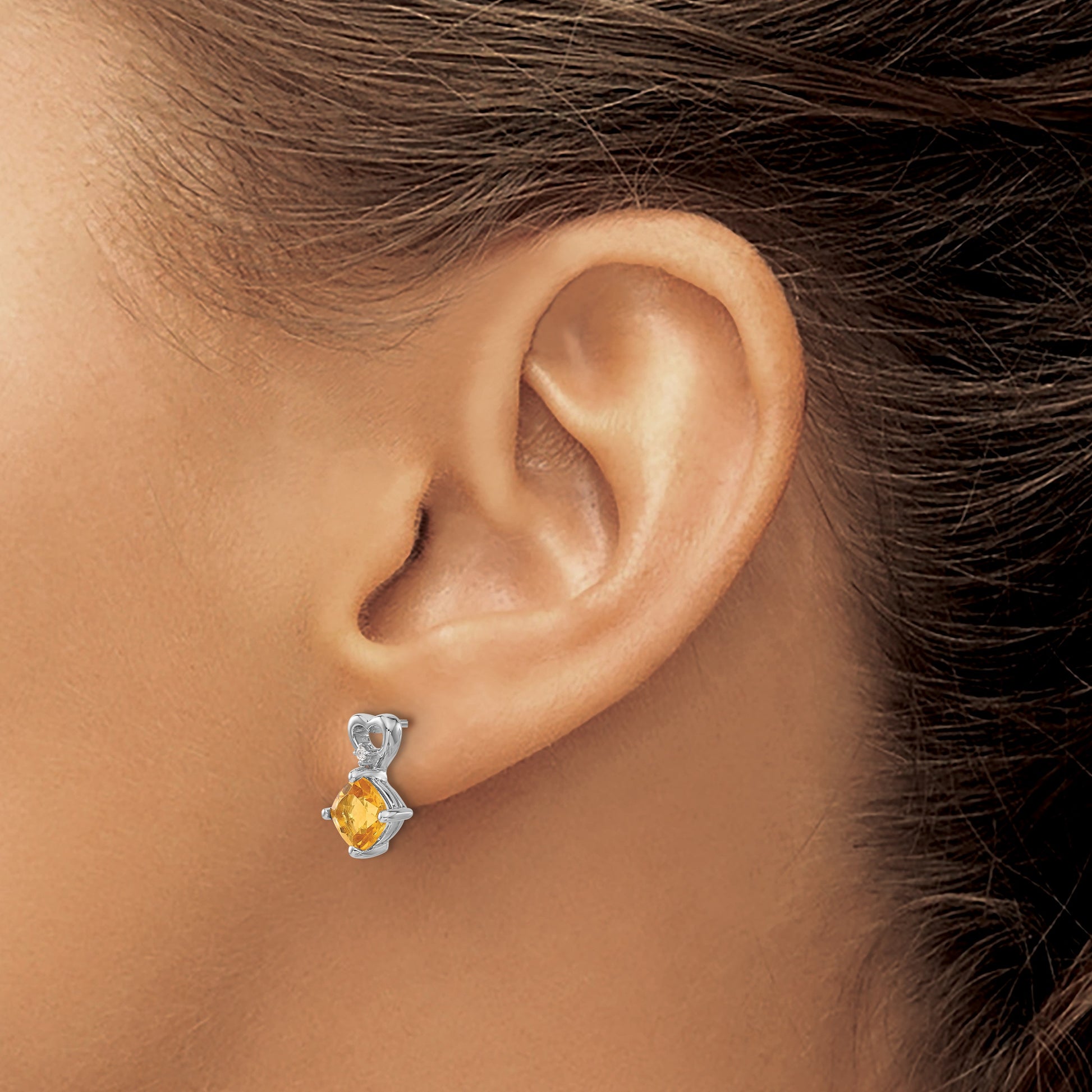 14k White Gold 6mm Cushion November/Citrine and Diamond Heart Post Earrings
