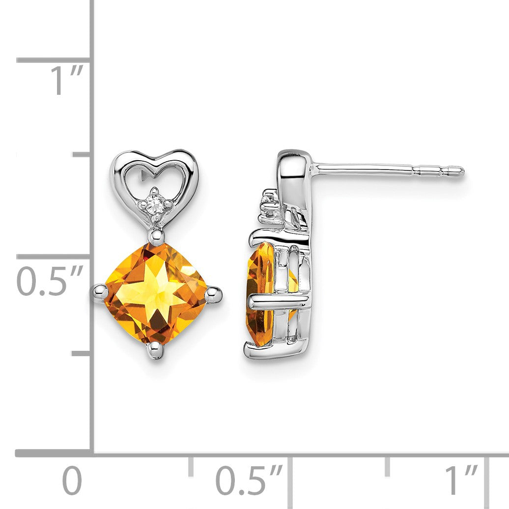 14k White Gold 6mm Cushion November/Citrine and Diamond Heart Post Earrings