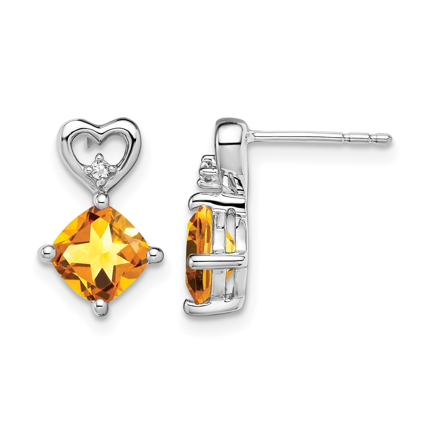 14k White Gold 6mm Cushion November/Citrine and Diamond Heart Post Earrings