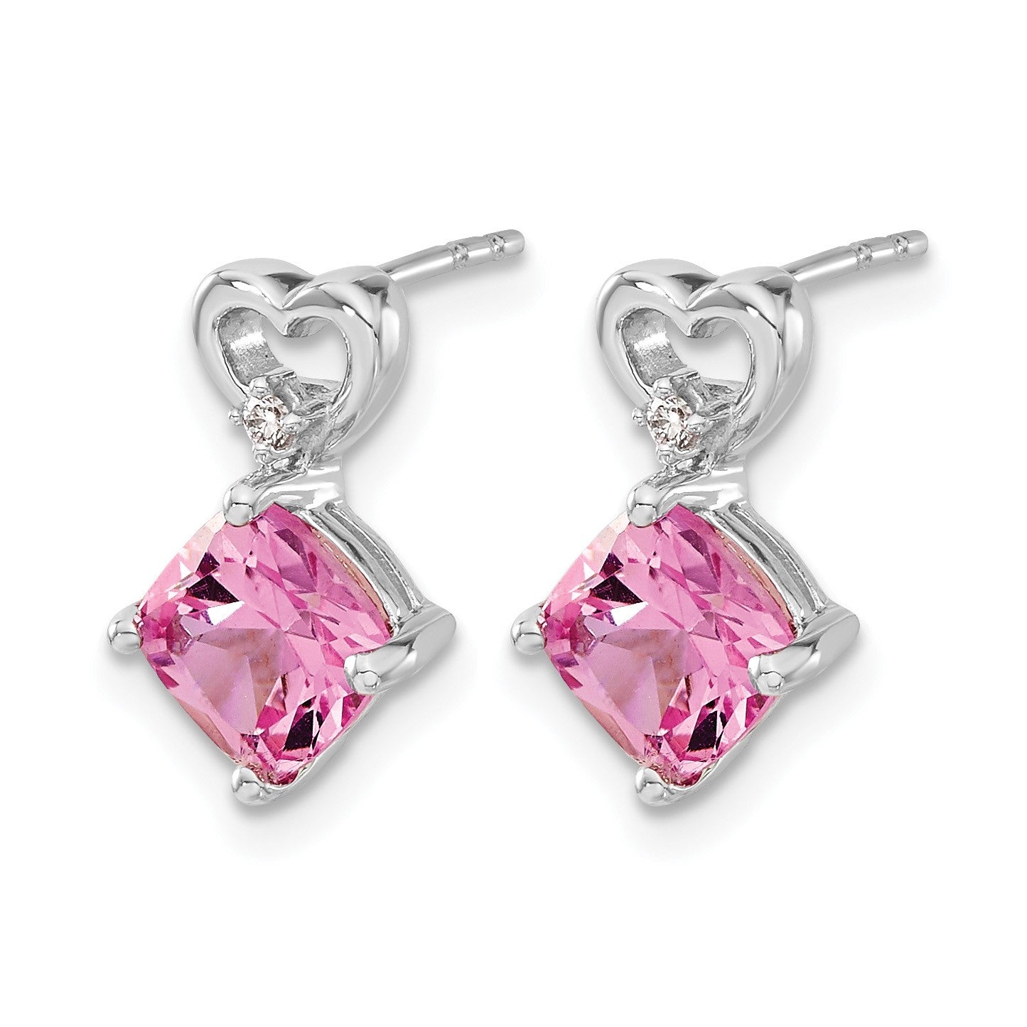 14k White Gold 6mm Cushion October/Lab Created Pink Sapphire and Diamond Heart Post Earrings