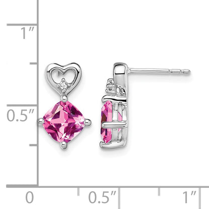 14k White Gold 6mm Cushion October/Lab Created Pink Sapphire and Diamond Heart Post Earrings