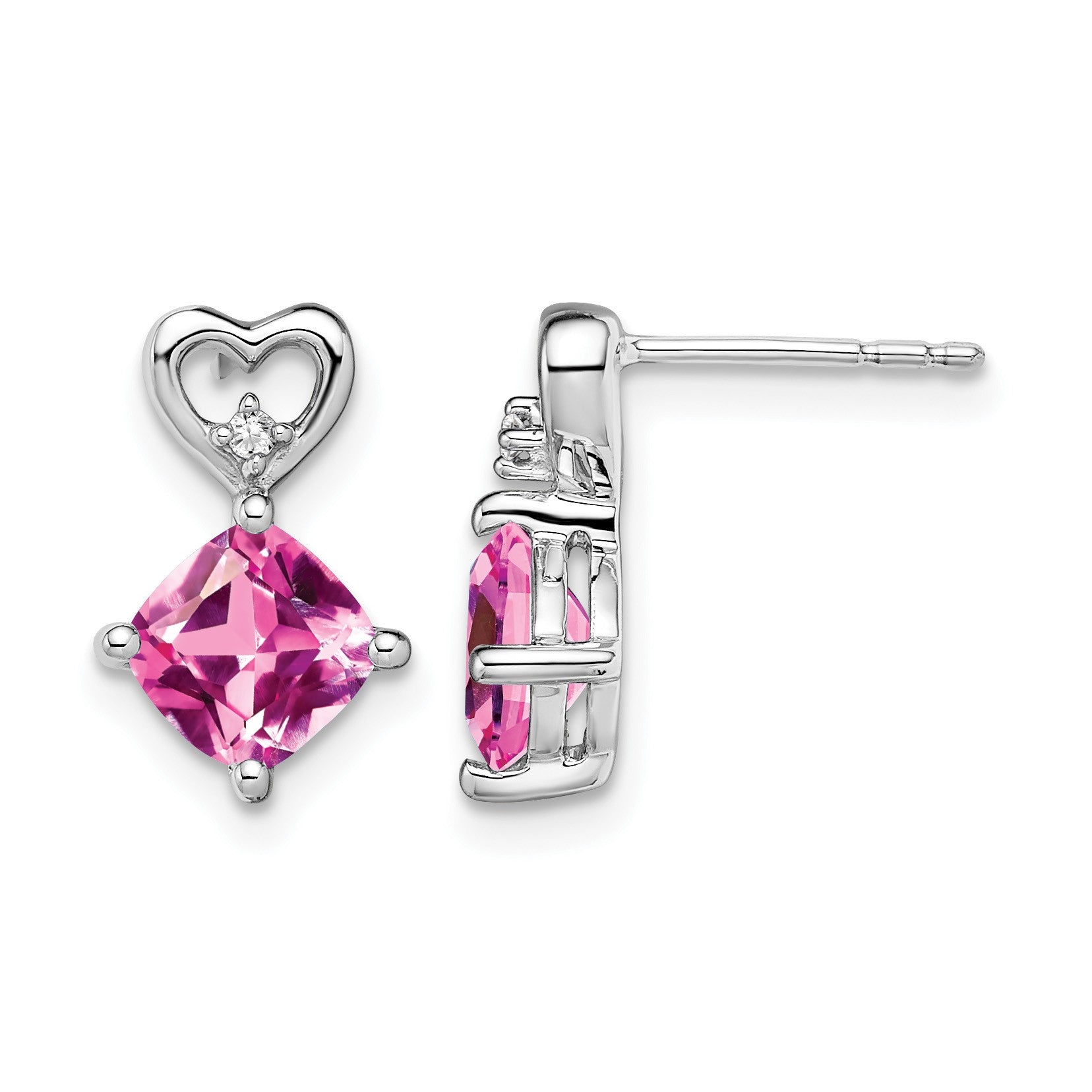 14k White Gold 6mm Cushion October/Lab Created Pink Sapphire and Diamond Heart Post Earrings