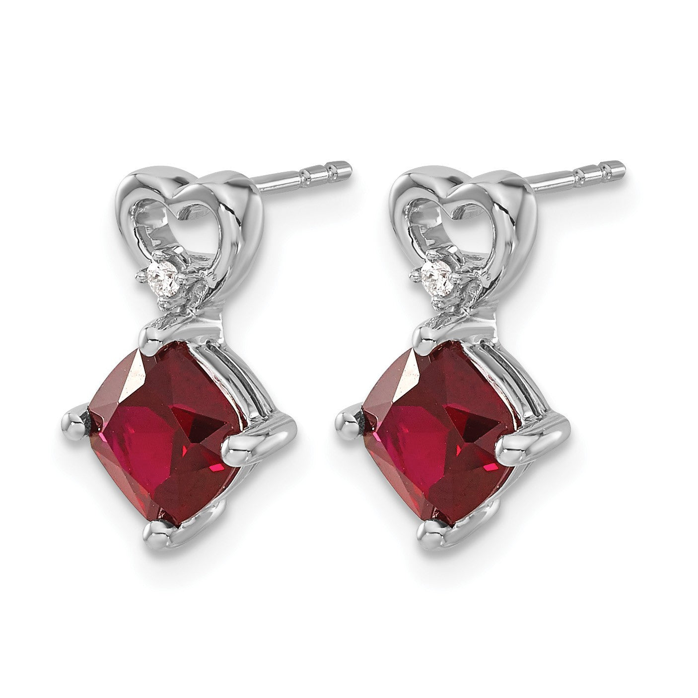 14k White Gold 6mm Cushion July/Lab Created Ruby and Diamond Heart Post Earrings