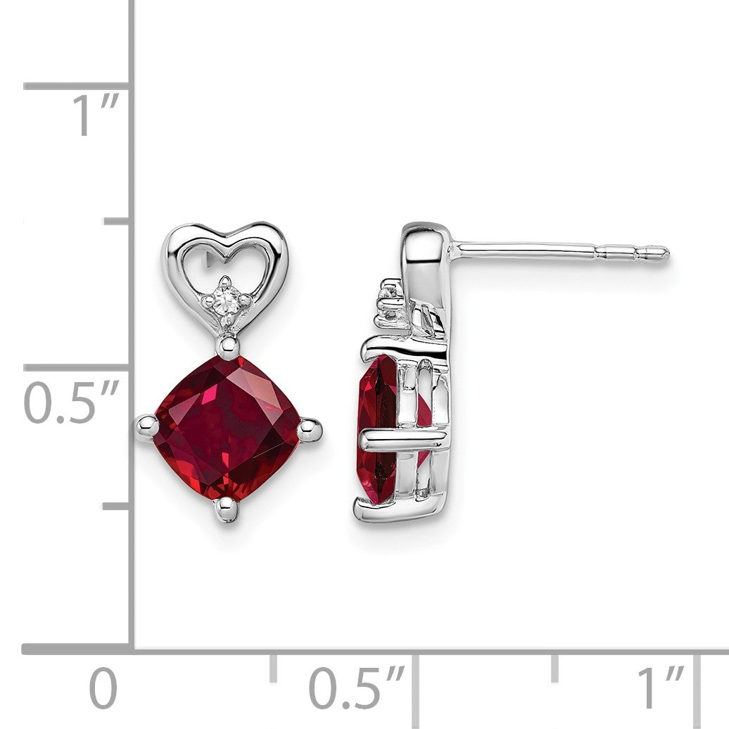 14k White Gold 6mm Cushion July/Lab Created Ruby and Diamond Heart Post Earrings