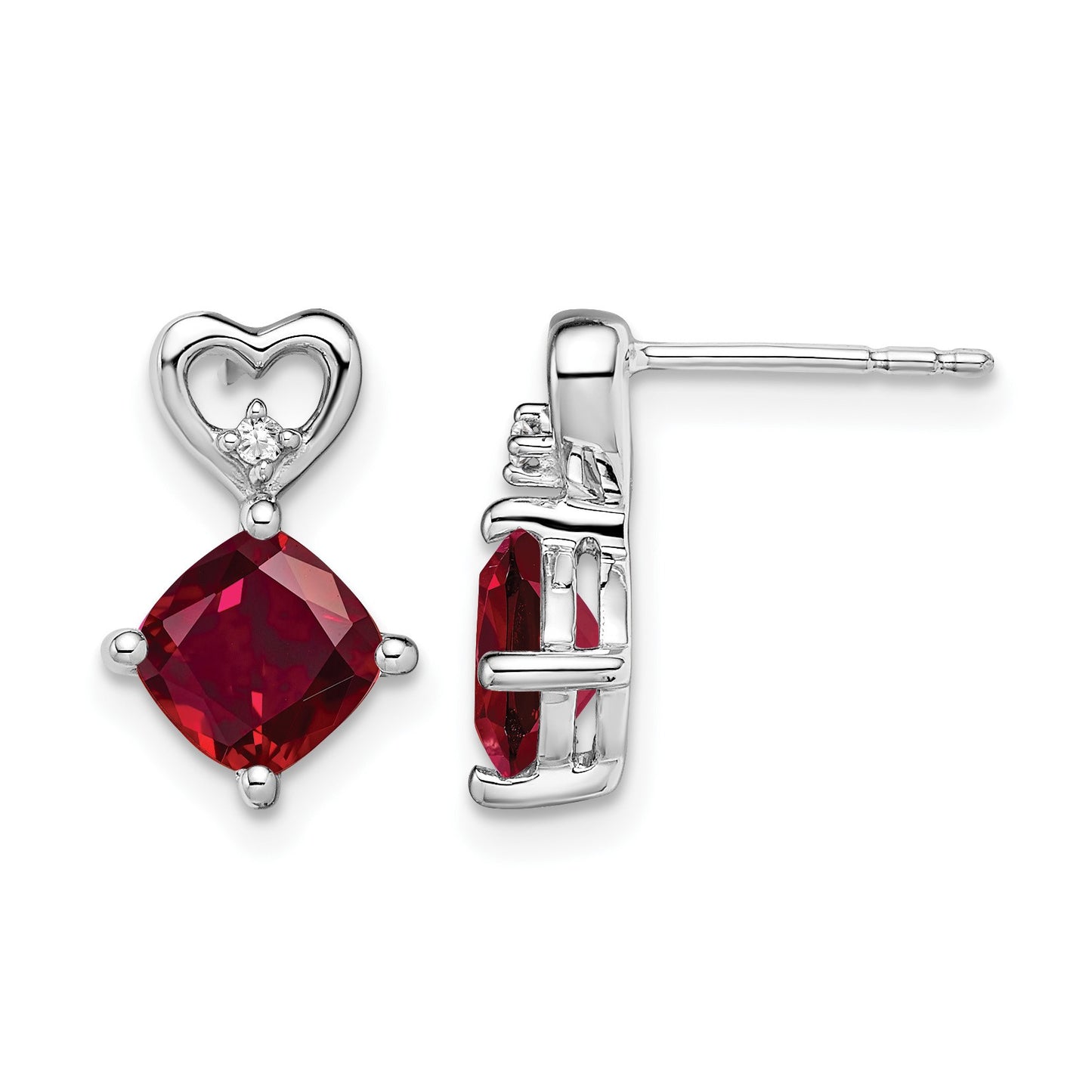 14k White Gold 6mm Cushion July/Lab Created Ruby and Diamond Heart Post Earrings