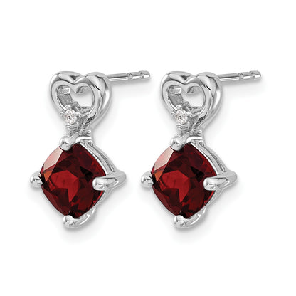 14k White Gold 6mm Cushion January/Garnet and Diamond Heart Post Earrings