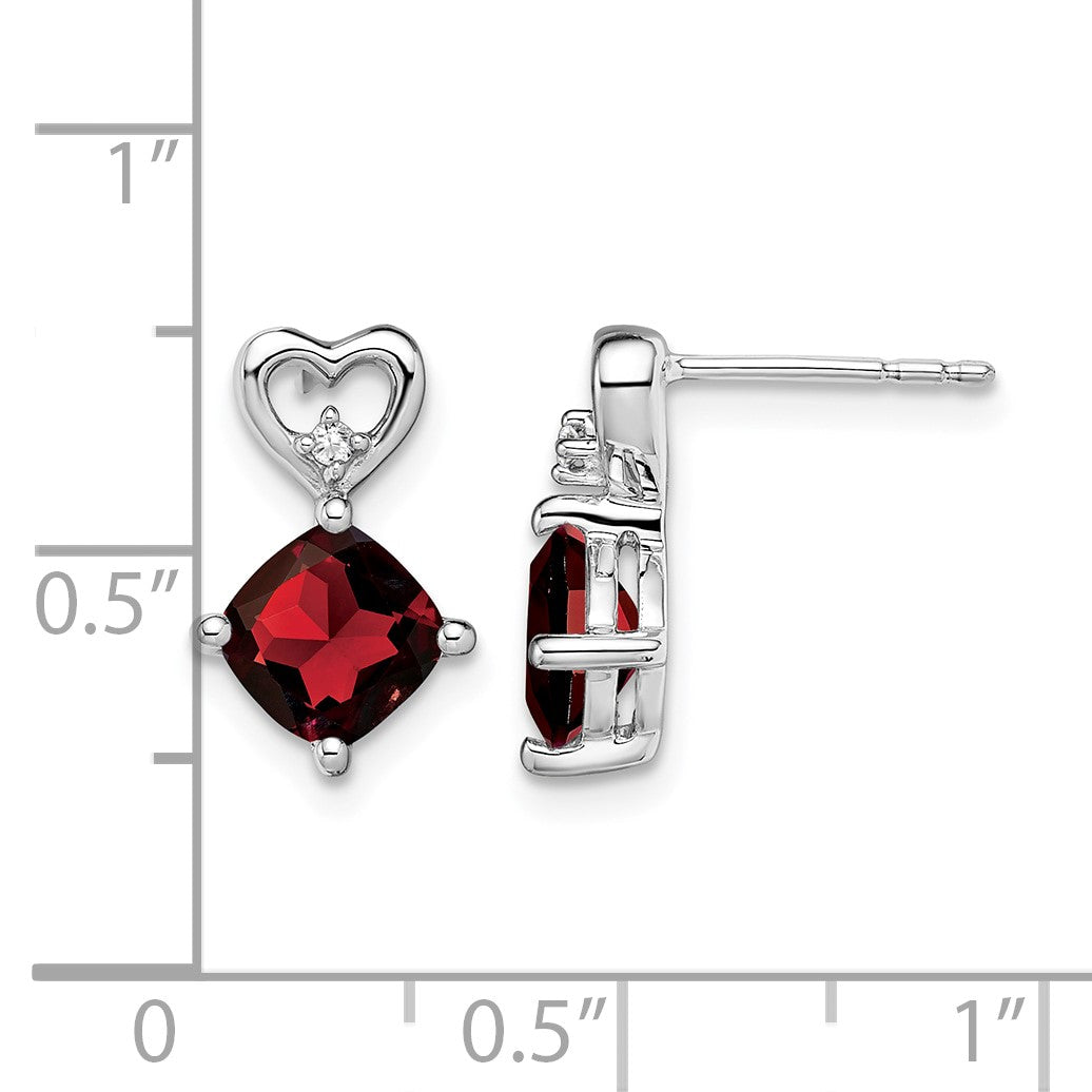 14k White Gold 6mm Cushion January/Garnet and Diamond Heart Post Earrings
