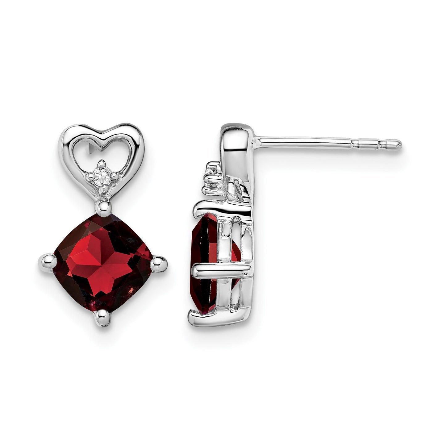 14k White Gold 6mm Cushion January/Garnet and Diamond Heart Post Earrings