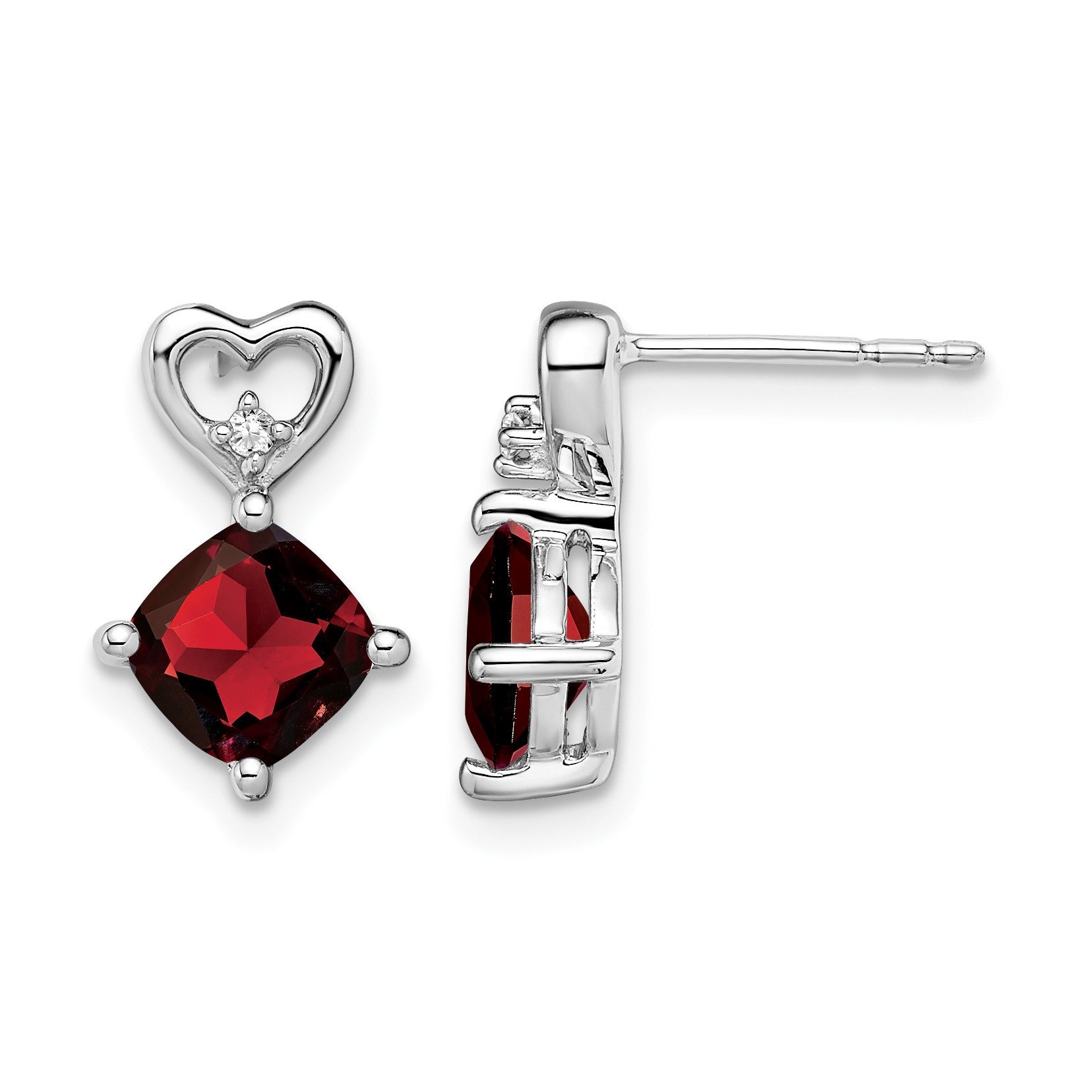 14k White Gold 6mm Cushion January/Garnet and Diamond Heart Post Earrings