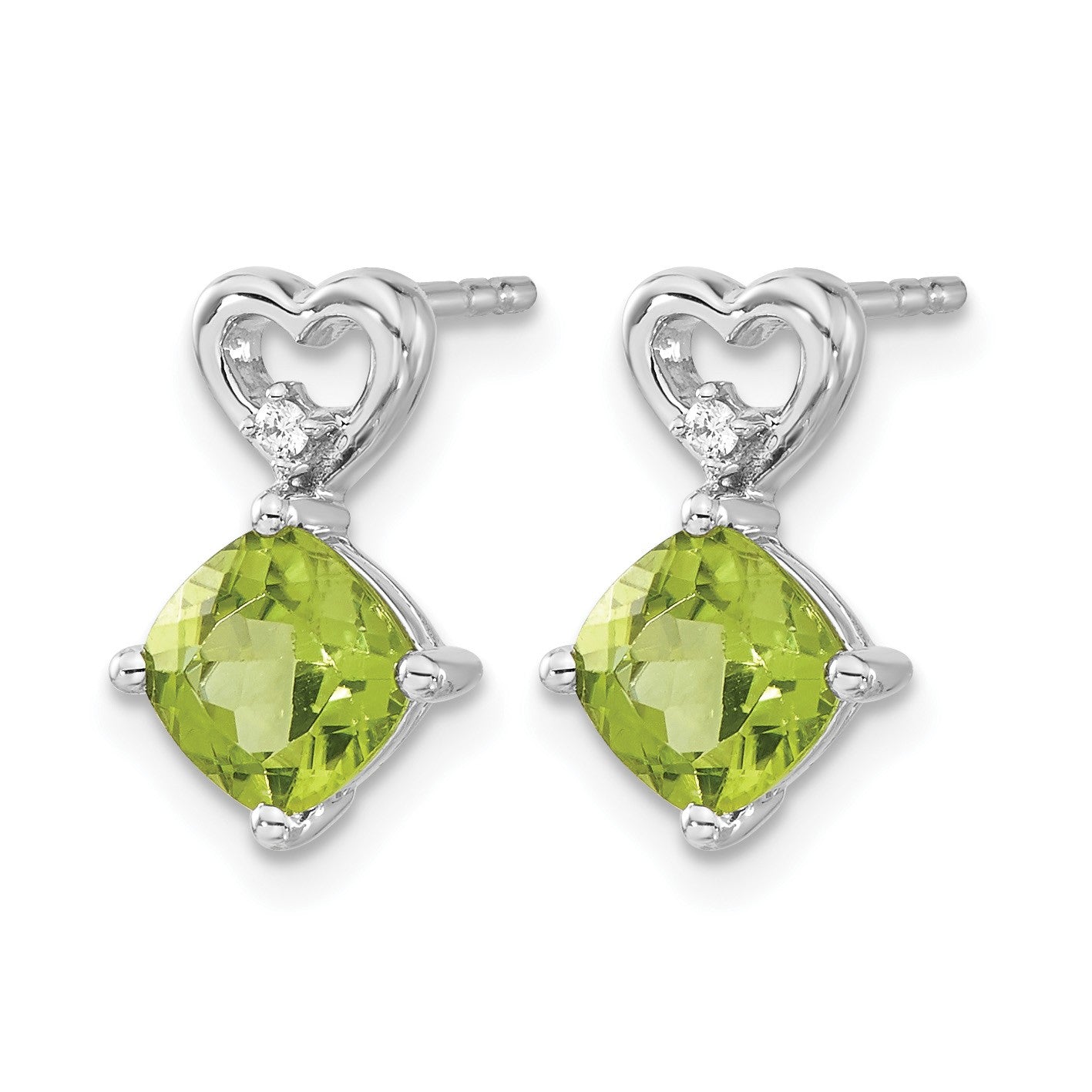 14k White Gold 6mm Cushion August/Peridot and Diamond Heart Post Earrings