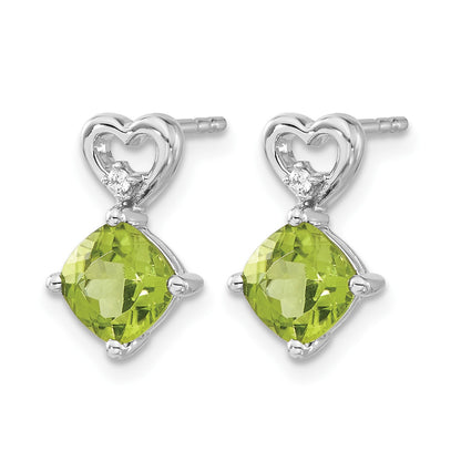 14k White Gold 6mm Cushion August/Peridot and Diamond Heart Post Earrings