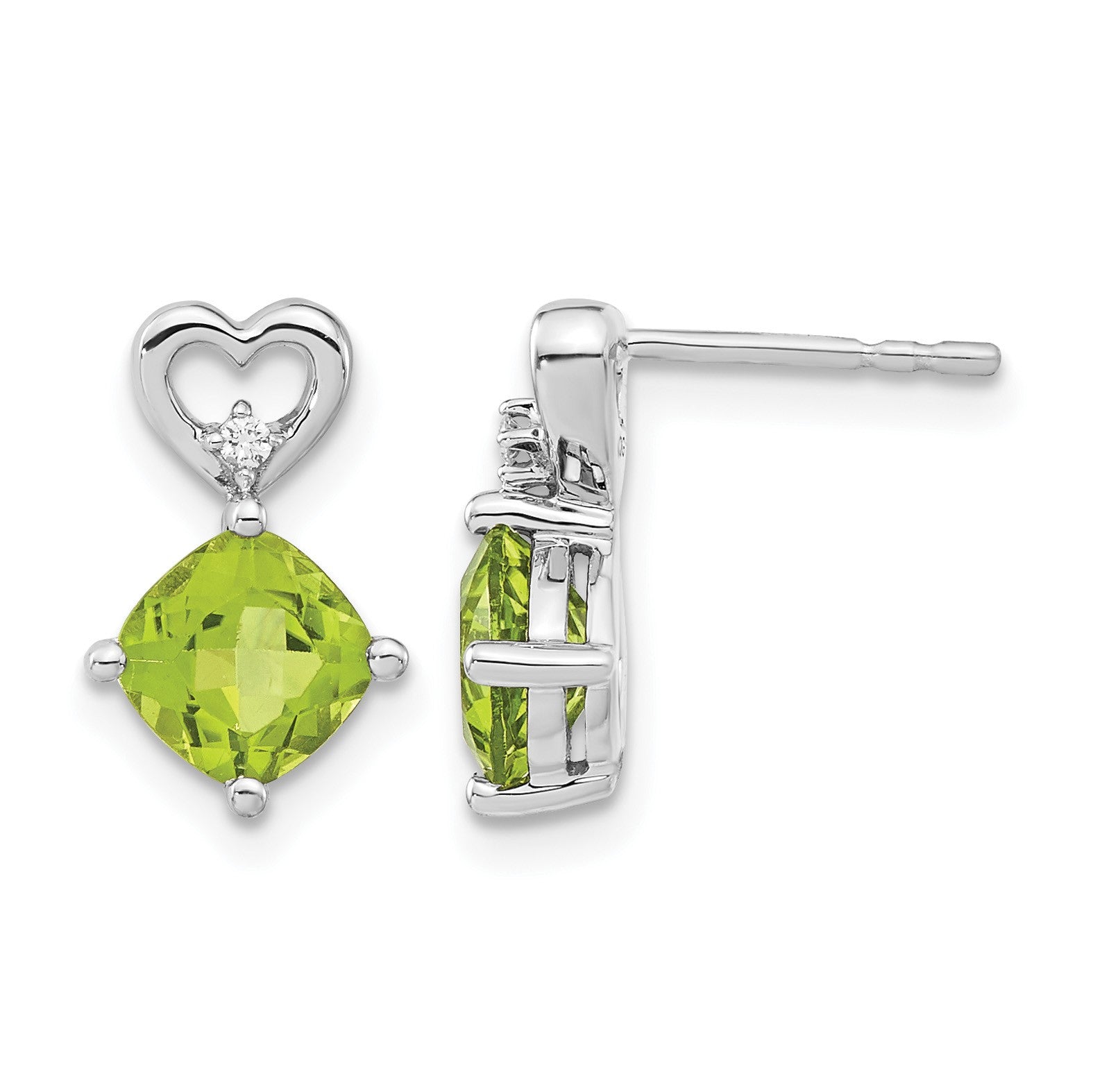 14k White Gold 6mm Cushion August/Peridot and Diamond Heart Post Earrings